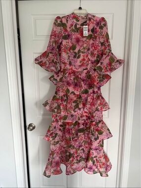 Bloomingdale's Pink Floral Ruffle Midi Dress